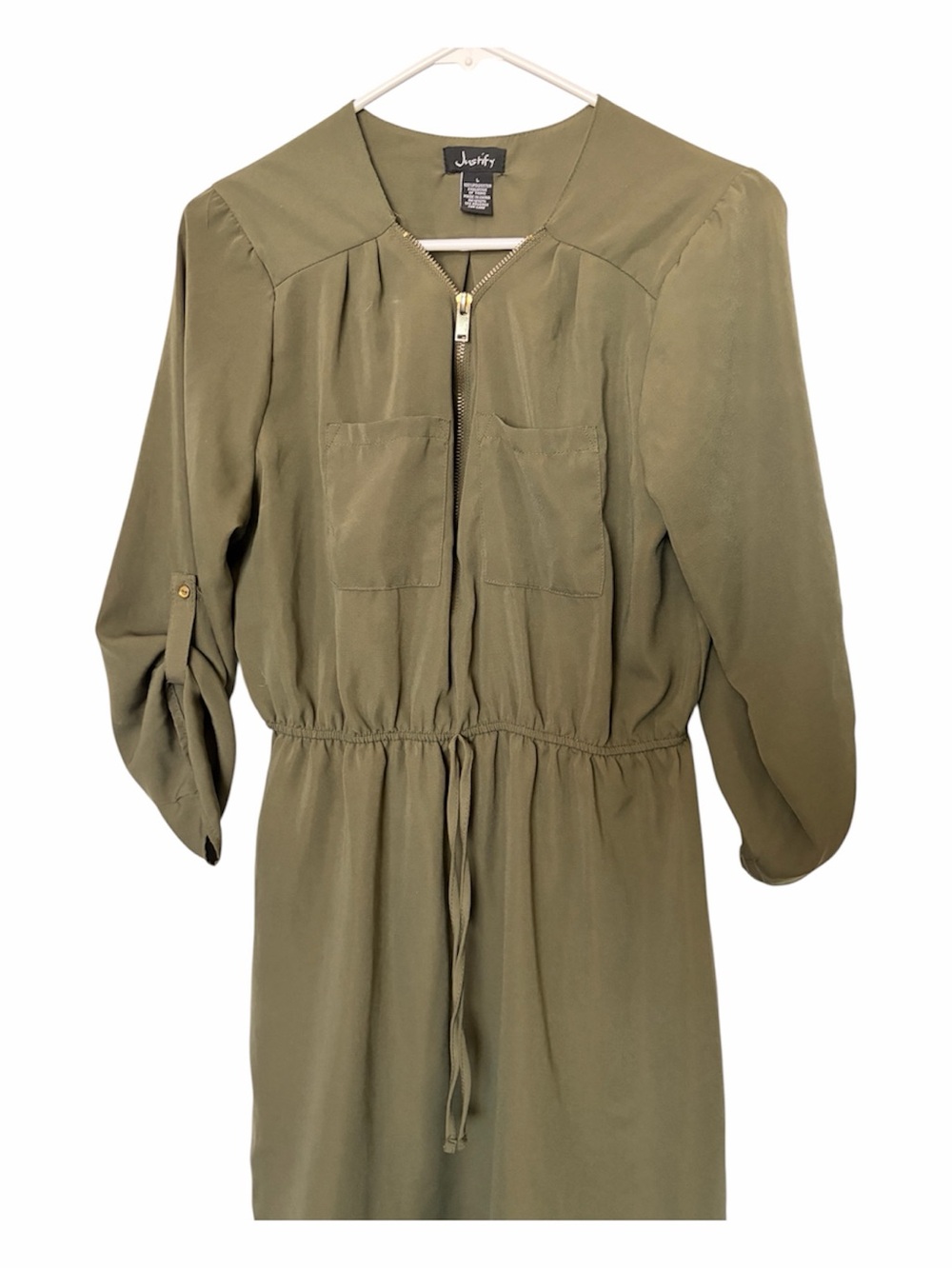 Justify Olive Green Zip-Front Drawstring Shirt Dress